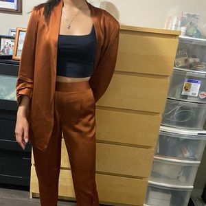 Aritzia Rust Satin Pantsuit Set - Copper Brown Blazer & Trousers